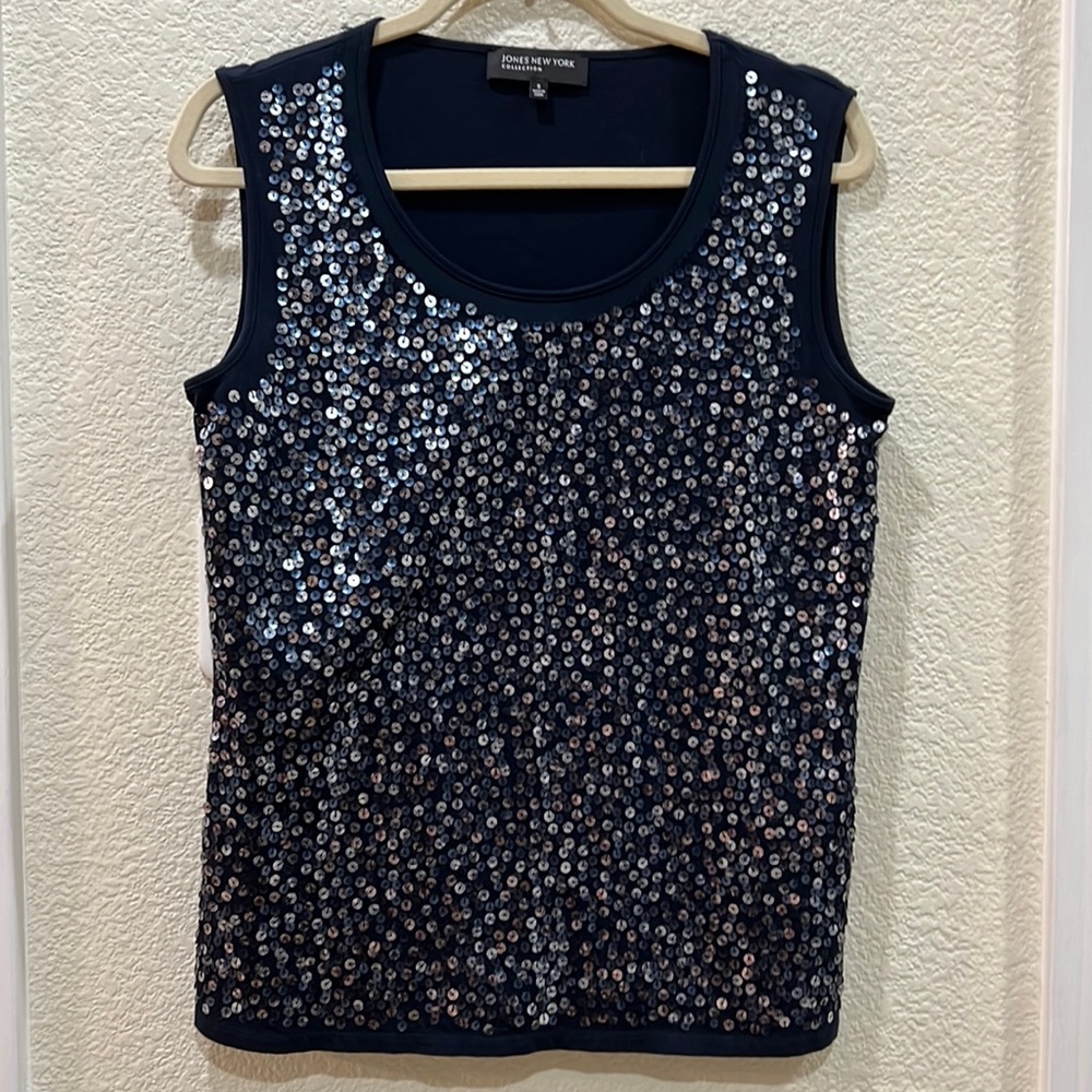 Jones of New York Navy Sequin Sleeveless Top is 95% Cotton/5% Spandex